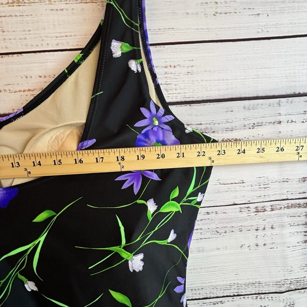 Blair Plus Size Swimsuit Black Floral Plus Size 26W Skirt One Piece Tummy Panel